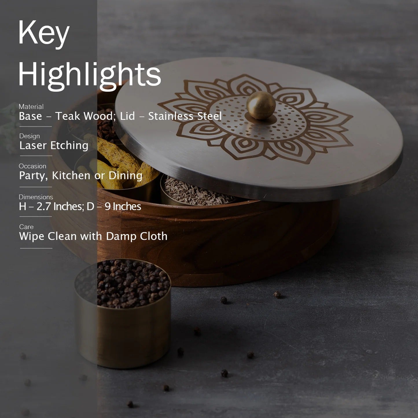 Nestroots Inscribe Acacia Wood Masala Box Floral Silver Laser Design