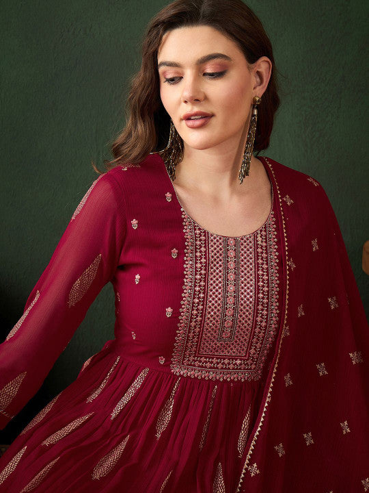 Sangria Embroidered Sequence Plated Anarkali Kurta & Palazzo With Dupatta