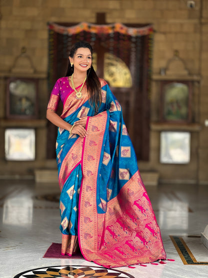 Vedant Vastram Soft Litchi Silk Banarasi Silk Jacquard Saree - Firozi