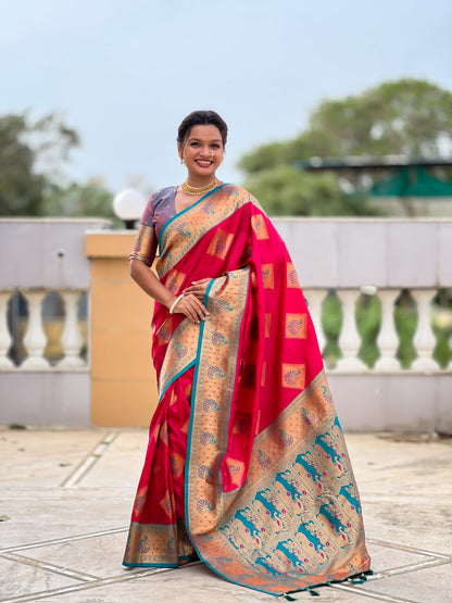 Vedant Vastram Soft Litchi Silk Banarasi Silk Jacquard Saree - Pink
