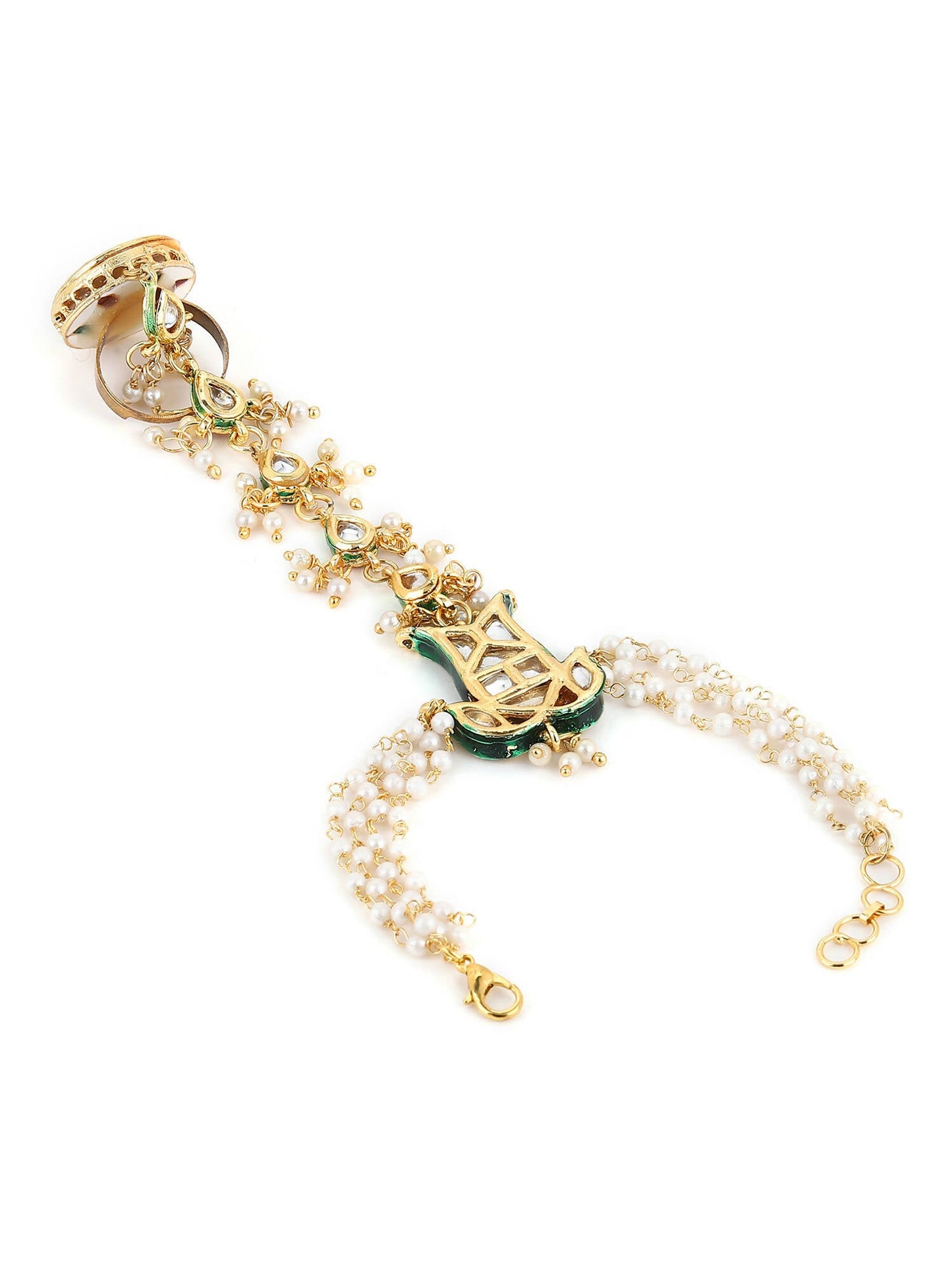 Women's Gold-Toned White Brass Kundan Gold-Polished Link Bracelet - Ruby Raang