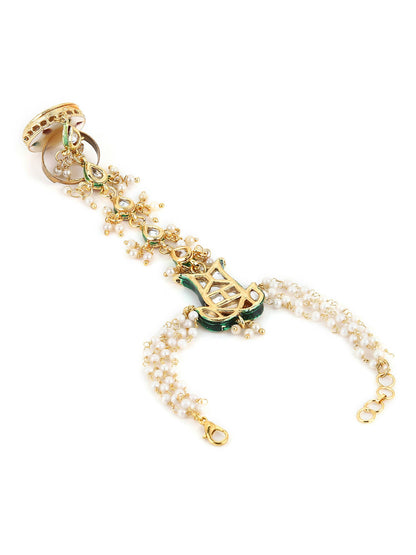 Women's Gold-Toned White Brass Kundan Gold-Polished Link Bracelet - Ruby Raang