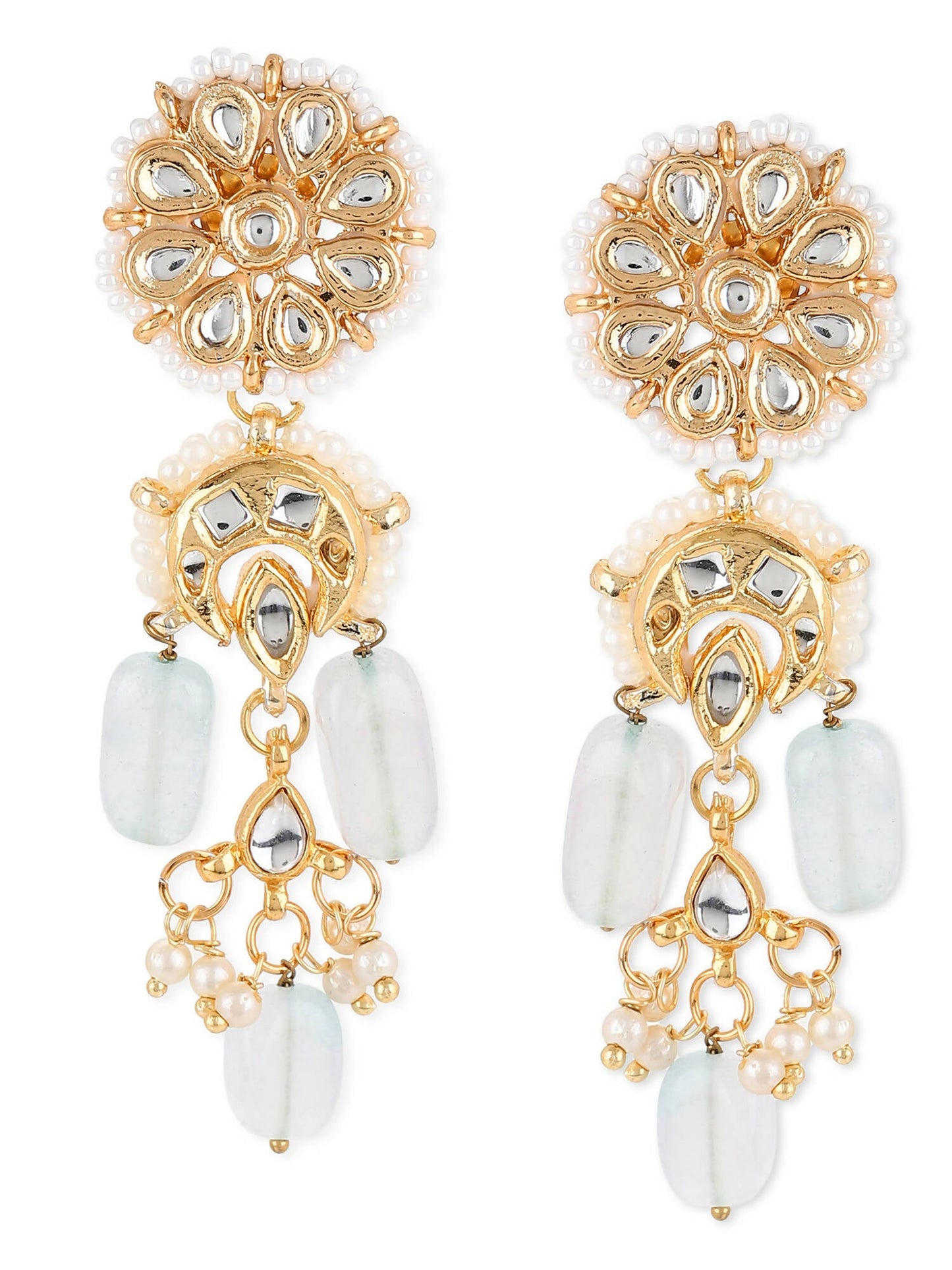 Gold-Toned White Kundan Contemporary Gold-Polished Drop Earrings - Ruby Raang
