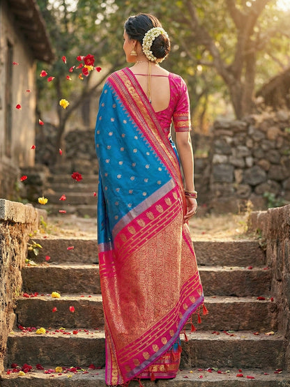 Anaita Blue Silk Woven Saree With Blouse