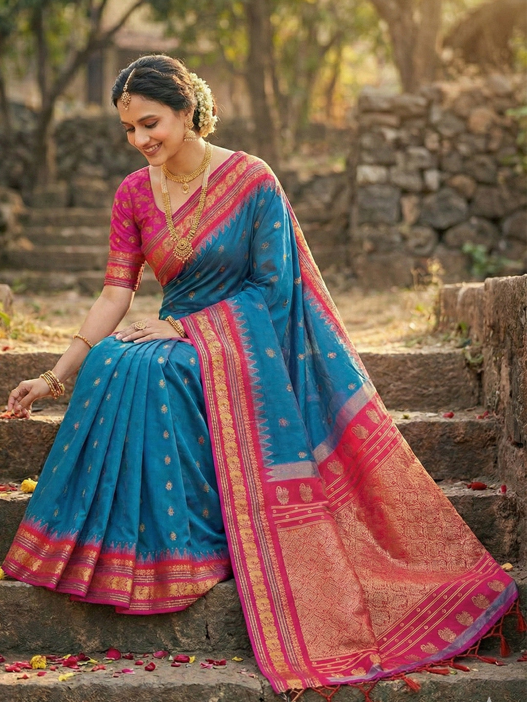 Anaita Blue Silk Woven Saree With Blouse
