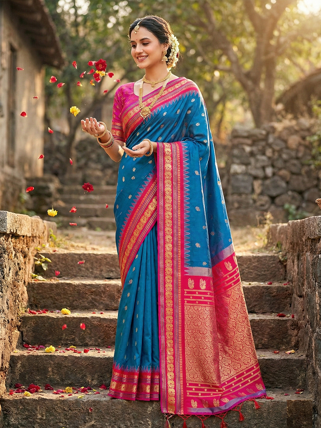 Anaita Blue Silk Woven Saree With Blouse