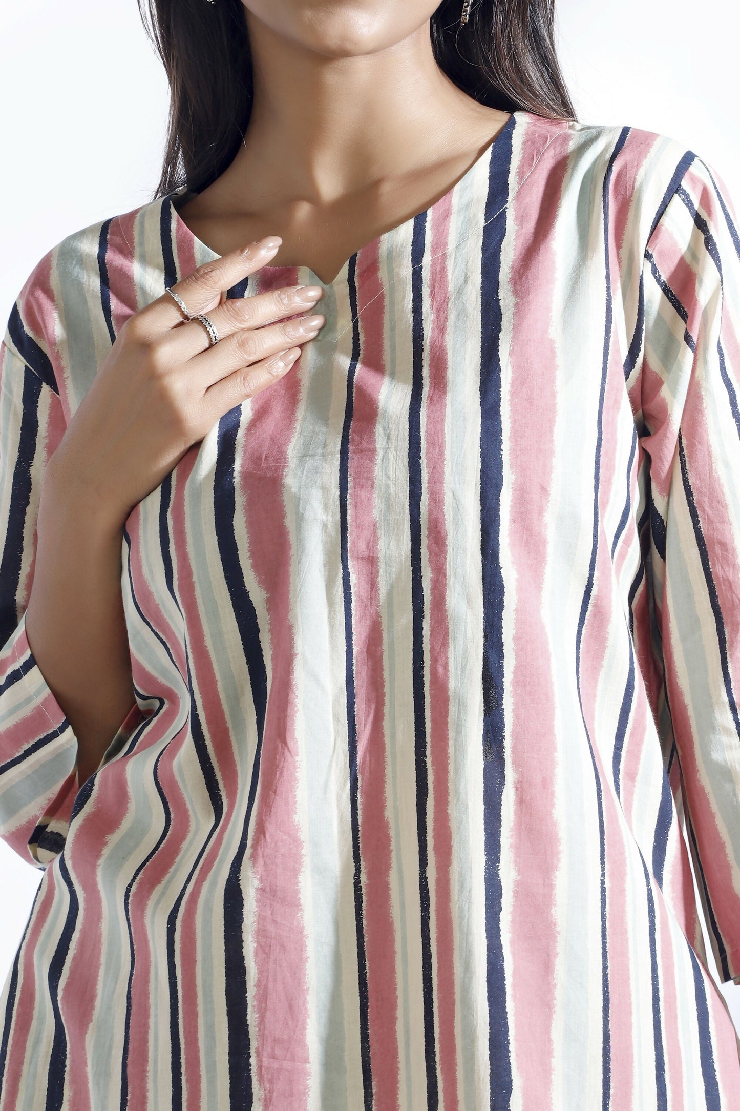 Breathables Women’S Pink Cotton Stripes Loungewear Co-Ord Set