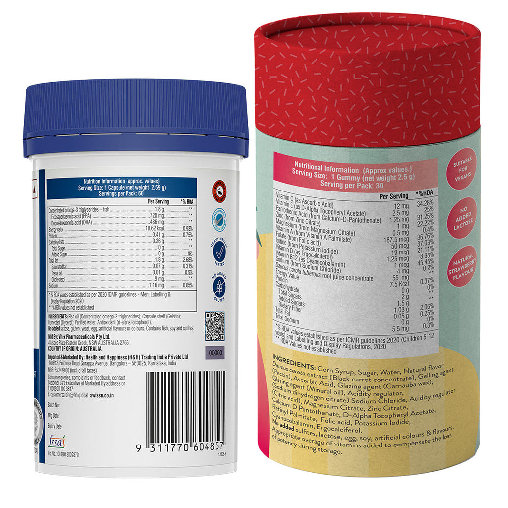 Swisse 4X Fish Oil Omega 3 & SwisseMe Kids Multivitamin Gummies Combo