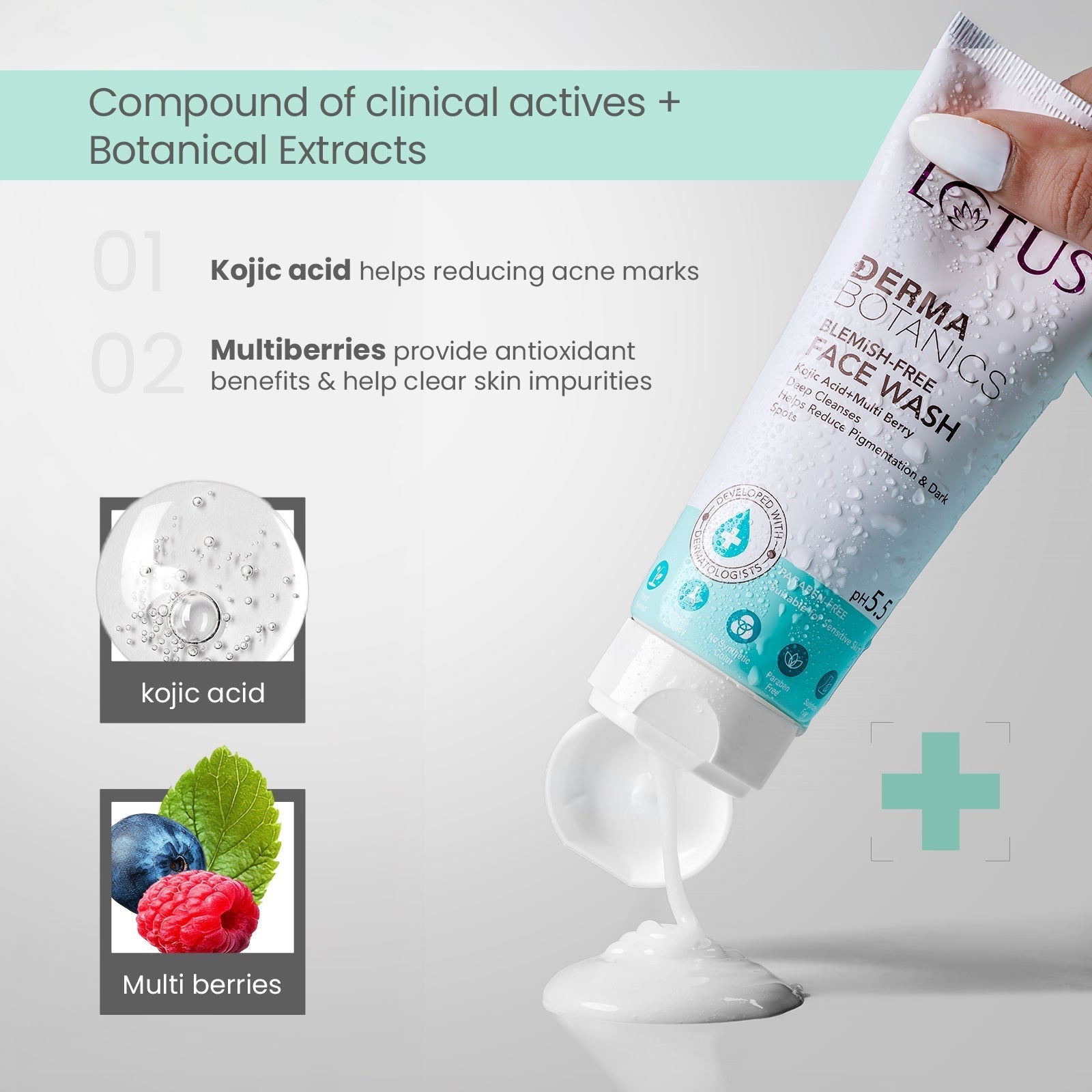 Lotus DermaBotanics Kojic Acid + Multi Berry Blemish Free Facewash - 100 gms