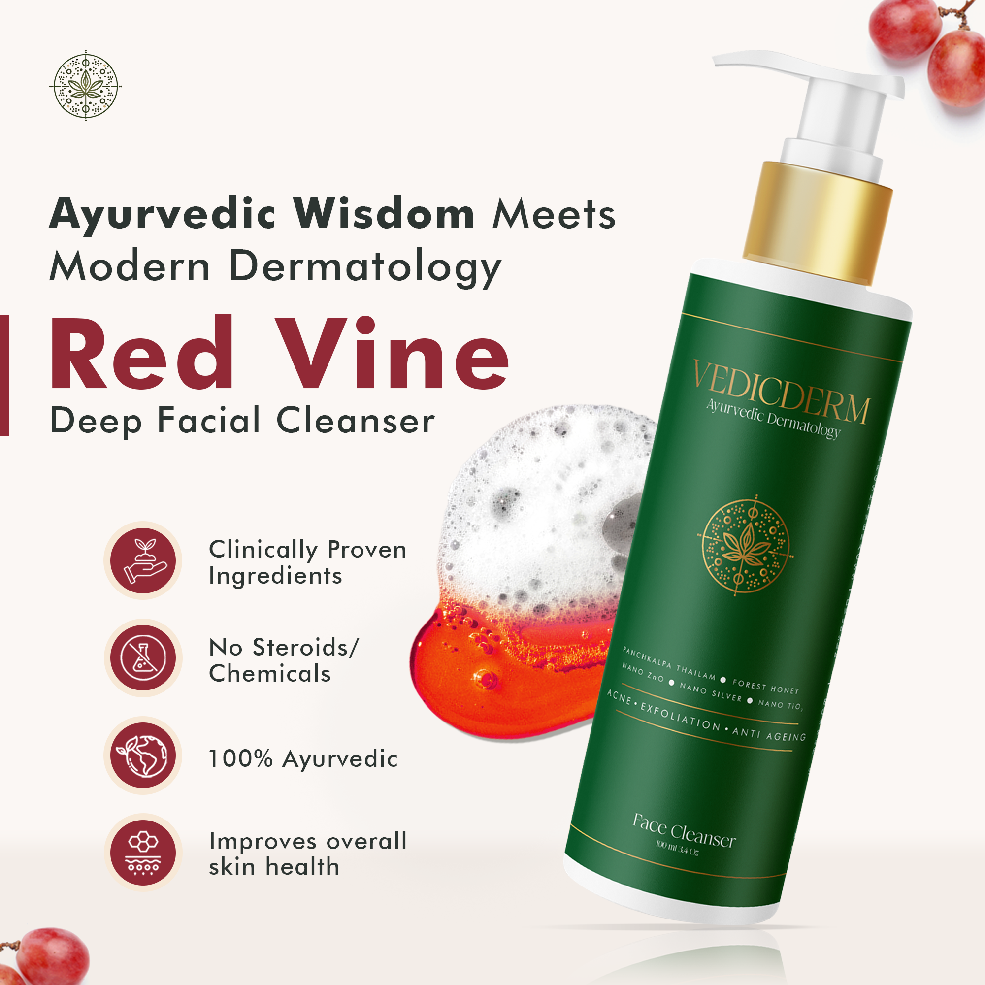 Vedicdrem Red Vine Deep Facial Cleanser With Witch Hazel Extract - 100 Ml