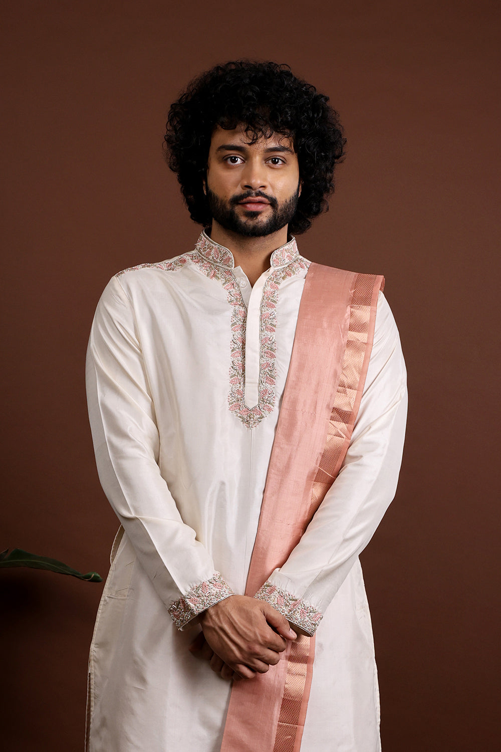 Kanjivaram Pattu Embroidered Kurta Set by Hilo Design