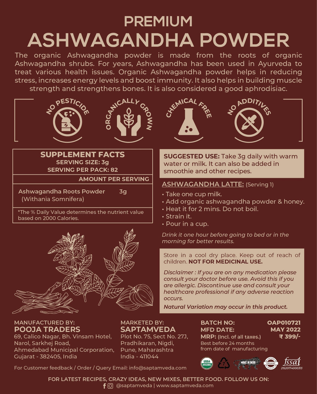 Saptamveda Ashwagandha Herbal Powder & Organic Moringa Powder Combo