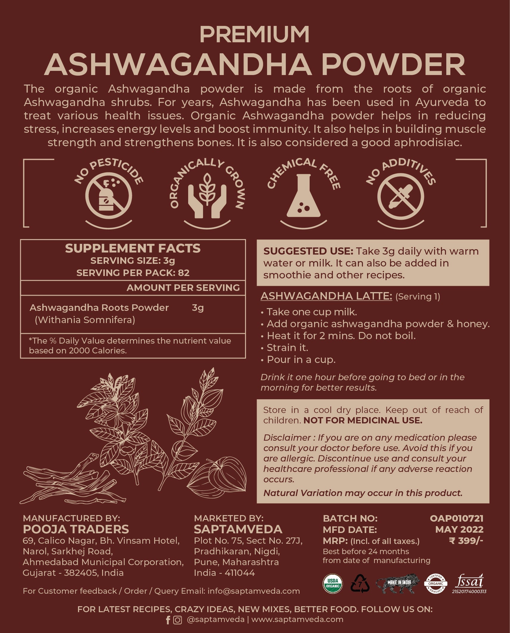Saptamveda Ashwagandha Herbal Powder & Organic Moringa Powder Combo