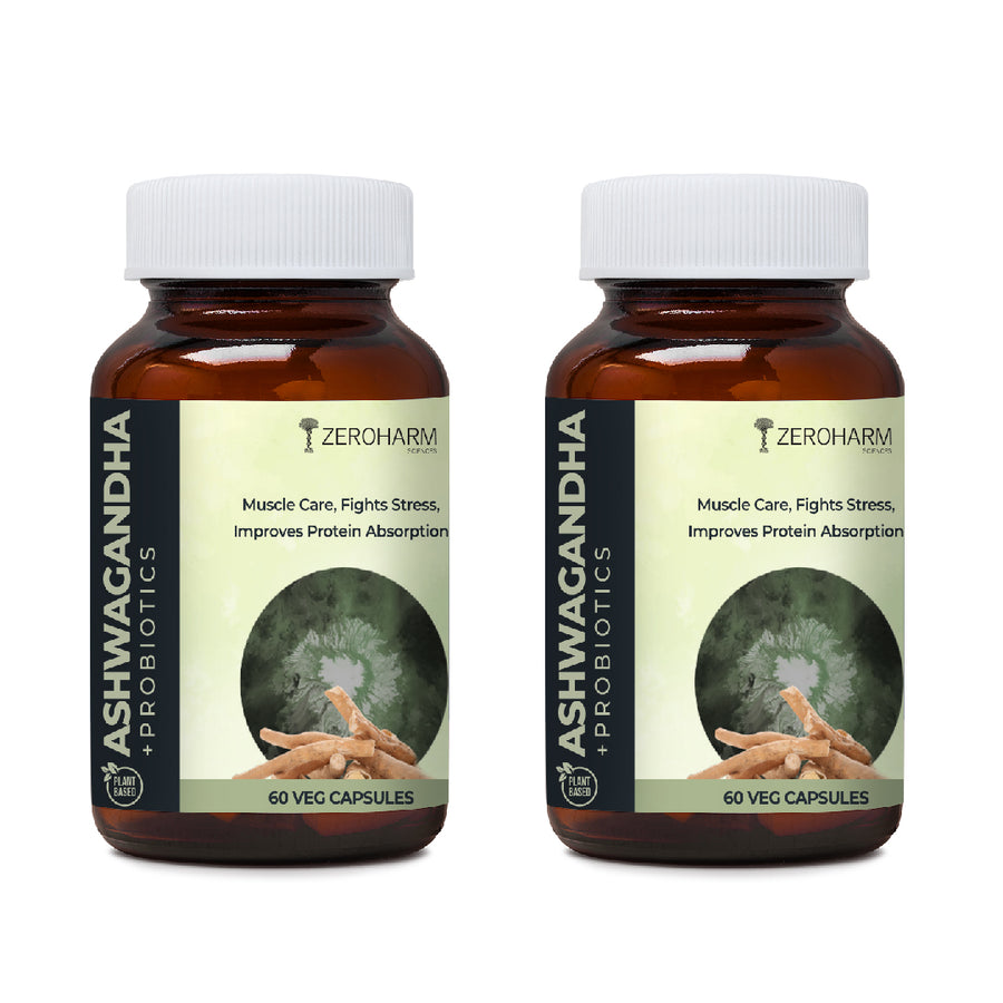 ZEROHARM Ashwagandha Plus Probiotics for Muscle Care & Fights Stress & Improves Protein Absorption - 60 tabs