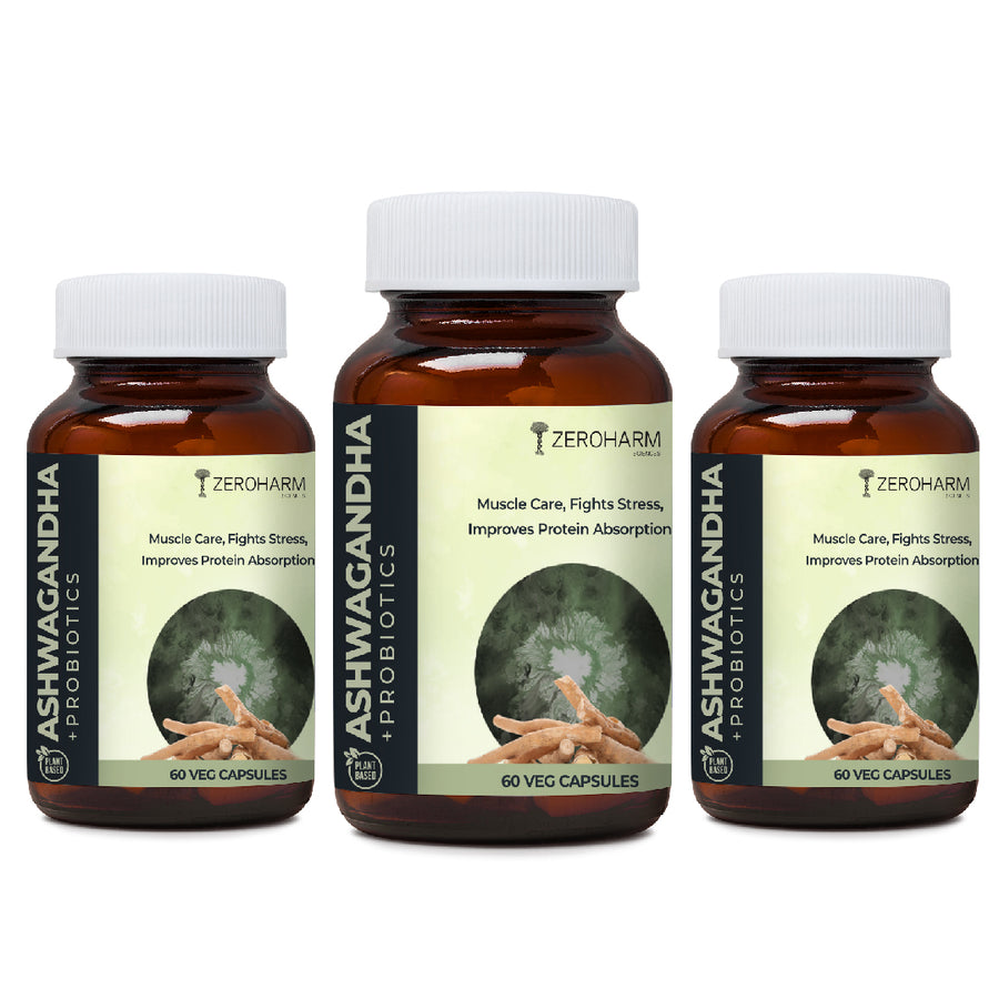 ZEROHARM Ashwagandha Plus Probiotics for Muscle Care & Fights Stress & Improves Protein Absorption - 60 tabs