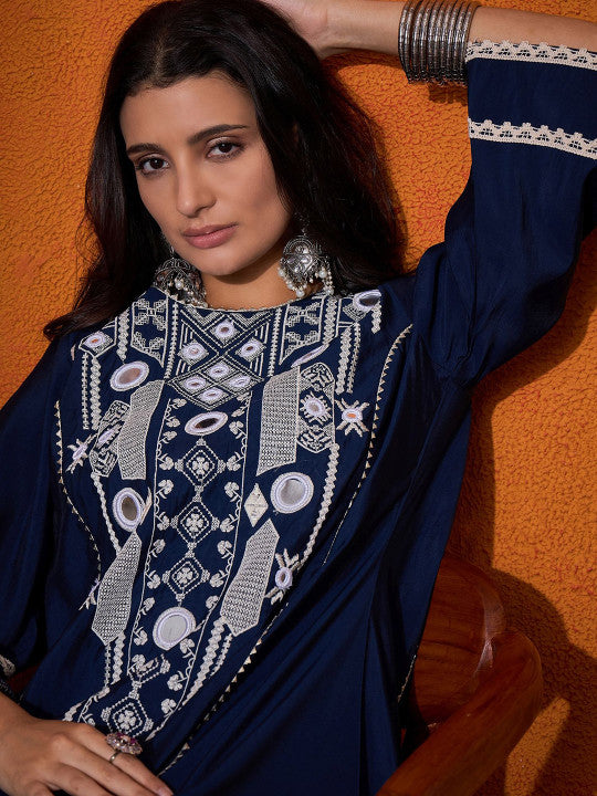 Sangria Floral Embroidered Mirror Work Regular A-Line Kurta Sets