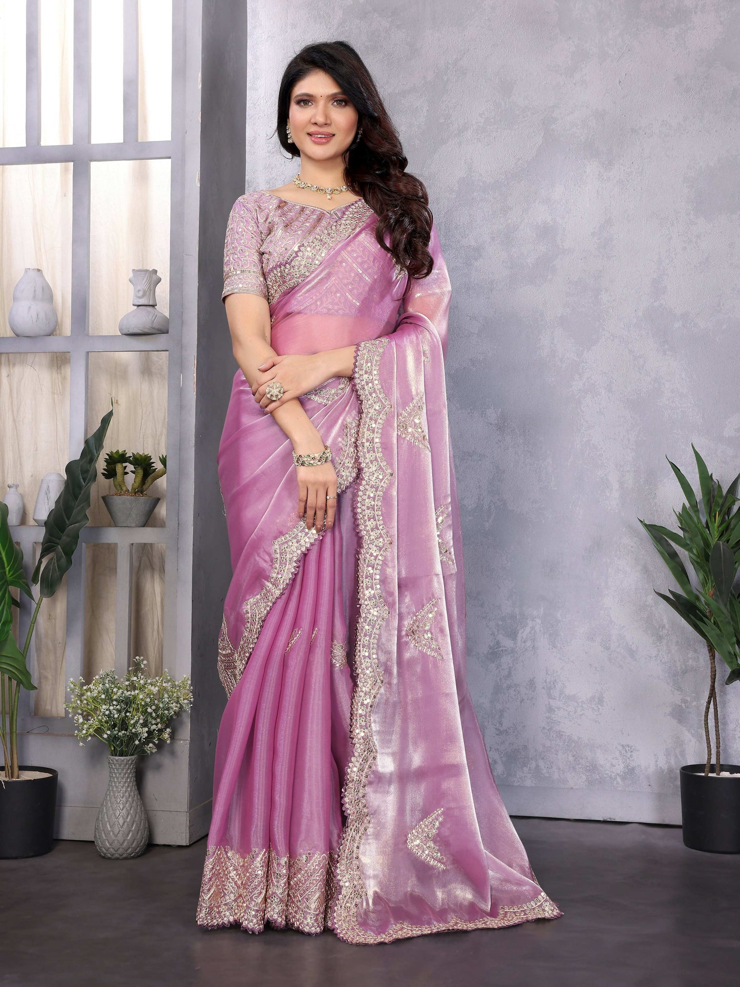 Vastranavya Lavender Embroidery Work Shimmer Chiffon Saree with Unstitched Blouse