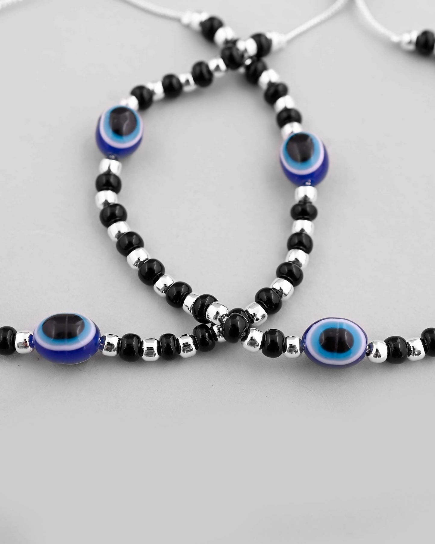 VOJ Set of 2 Silver Plated Evil Eye With Black And Silver Beads Anklet