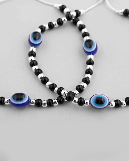 VOJ Set of 2 Silver Plated Evil Eye With Black And Silver Beads Anklet