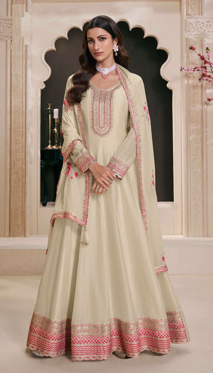 Anaita Cream Embroidered Work Silk Stitched Anarkali Suit