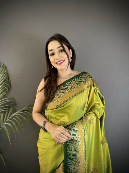Joban Fashion Light Green Banarasi Soft Silk Peacock Butta Work Saree