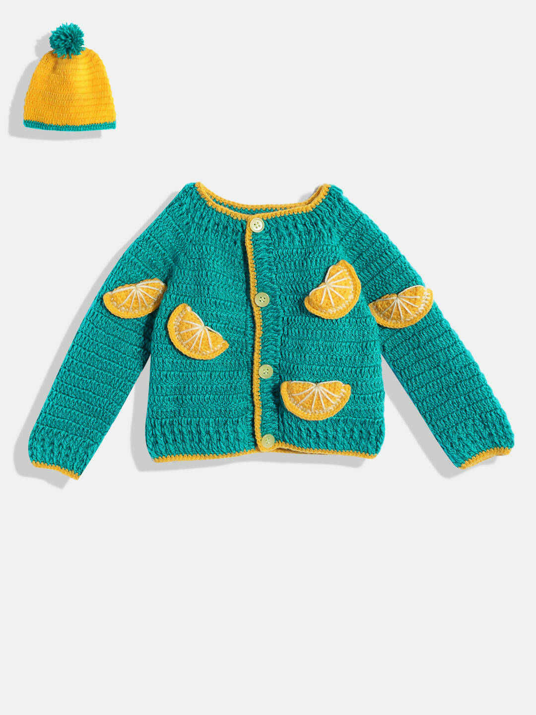 Chutput Kids Woollen Hand Knitted Full Sleeves Toffee Detail Sweater For Baby Girls With Cap - Green