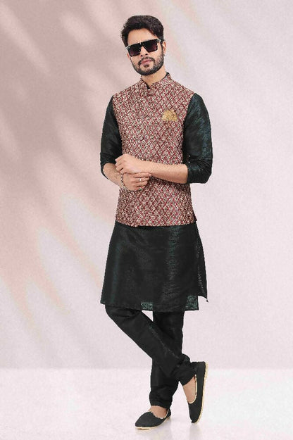 Raivat Ethnic Jacquard Banarasi Silk Woven Work 3 Pics Jacket Set In Maroon Colour