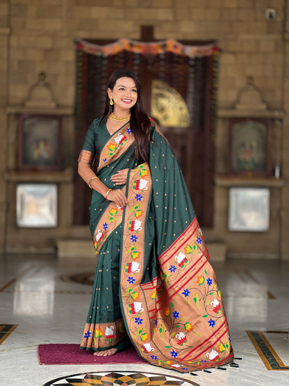 Mameraa Sarees Green Faux Banarasi Silk Saree With Paithani Rich Weaved Pallu And Blouse-Green