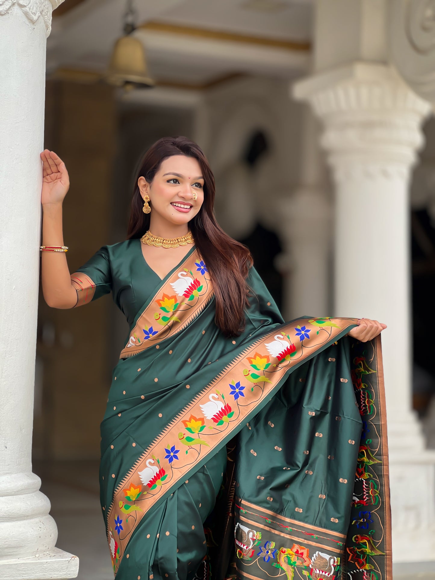 Mameraa Sarees Green Faux Banarasi Silk Saree With Paithani Rich Weaved Pallu And Blouse-Green