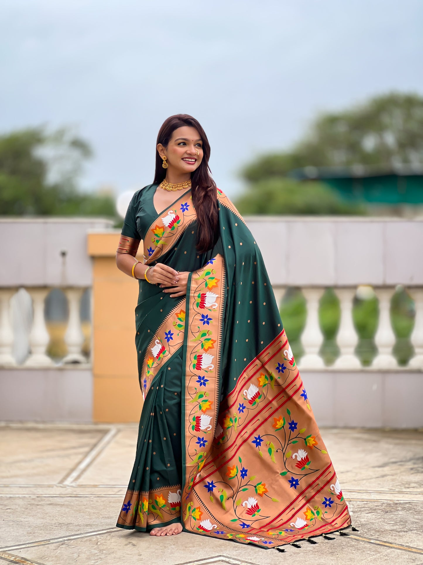 Mameraa Sarees Green Faux Banarasi Silk Saree With Paithani Rich Weaved Pallu And Blouse-Green