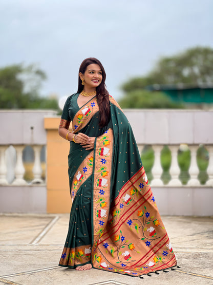 Mameraa Sarees Green Faux Banarasi Silk Saree With Paithani Rich Weaved Pallu And Blouse-Green