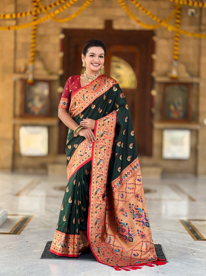 Mameraa Sarees Green Faux Banarasi Silk Saree With Paithani Rich Weaved Pallu And Blouse-Green