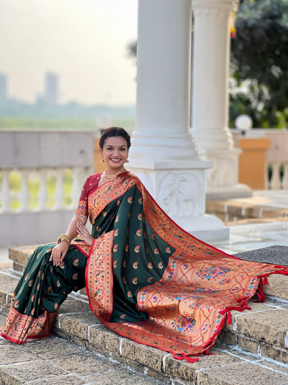 Mameraa Sarees Green Faux Banarasi Silk Saree With Paithani Rich Weaved Pallu And Blouse-Green