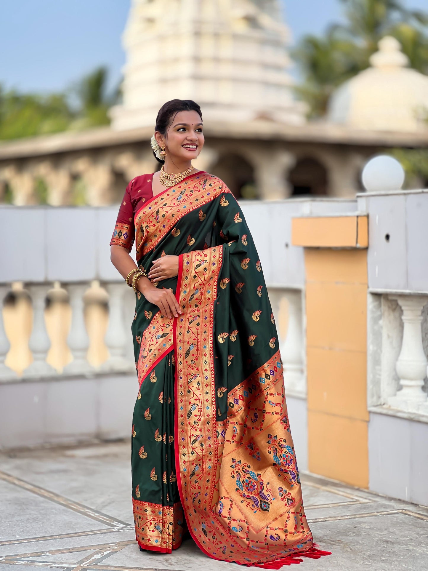 Mameraa Sarees Green Faux Banarasi Silk Saree With Paithani Rich Weaved Pallu And Blouse-Green