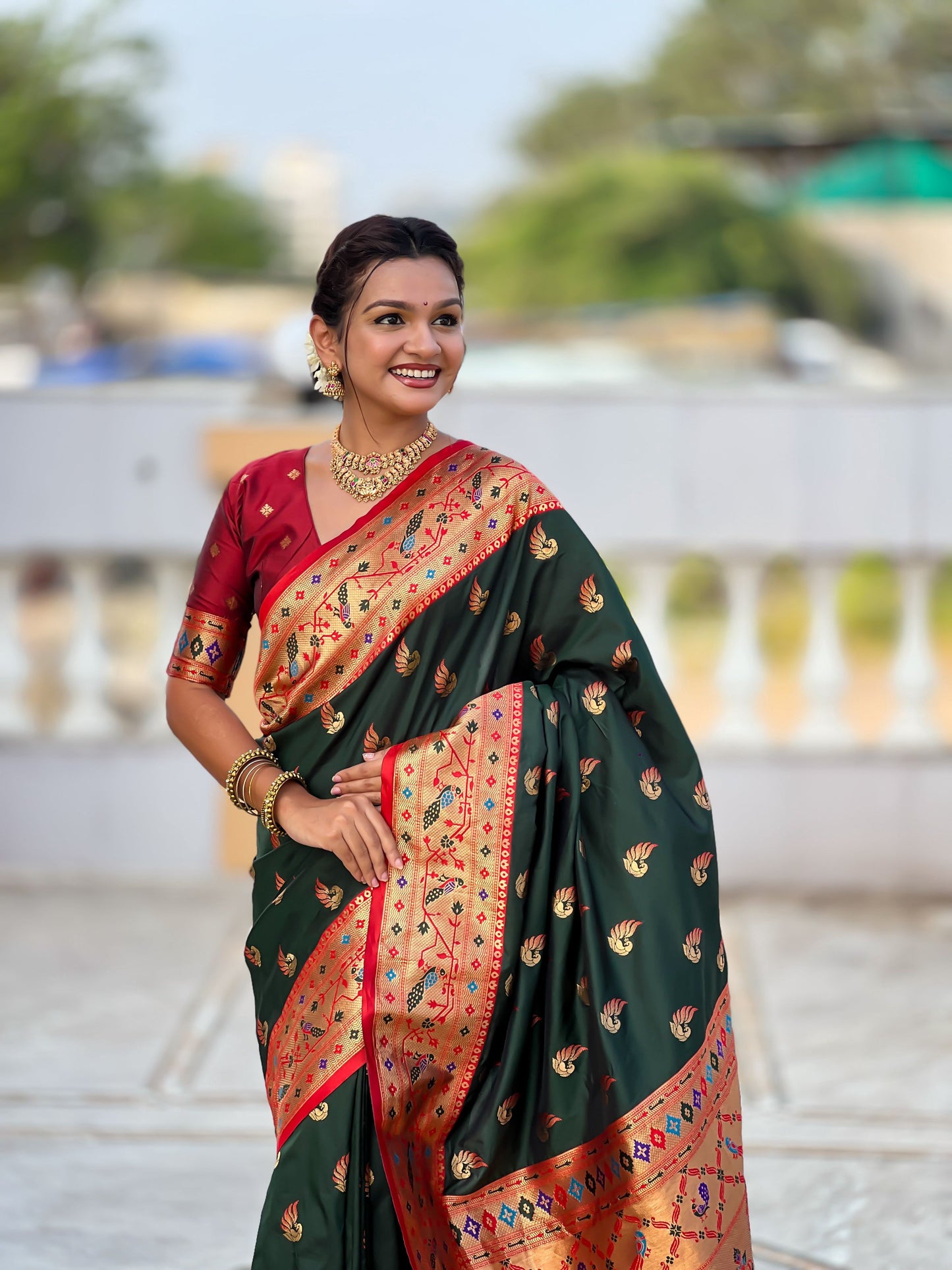 Mameraa Sarees Green Faux Banarasi Silk Saree With Paithani Rich Weaved Pallu And Blouse-Green