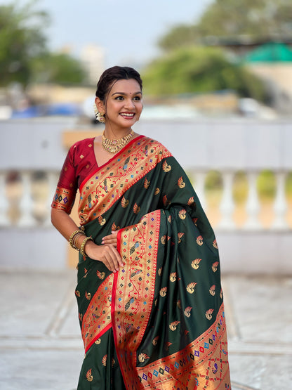 Mameraa Sarees Green Faux Banarasi Silk Saree With Paithani Rich Weaved Pallu And Blouse-Green