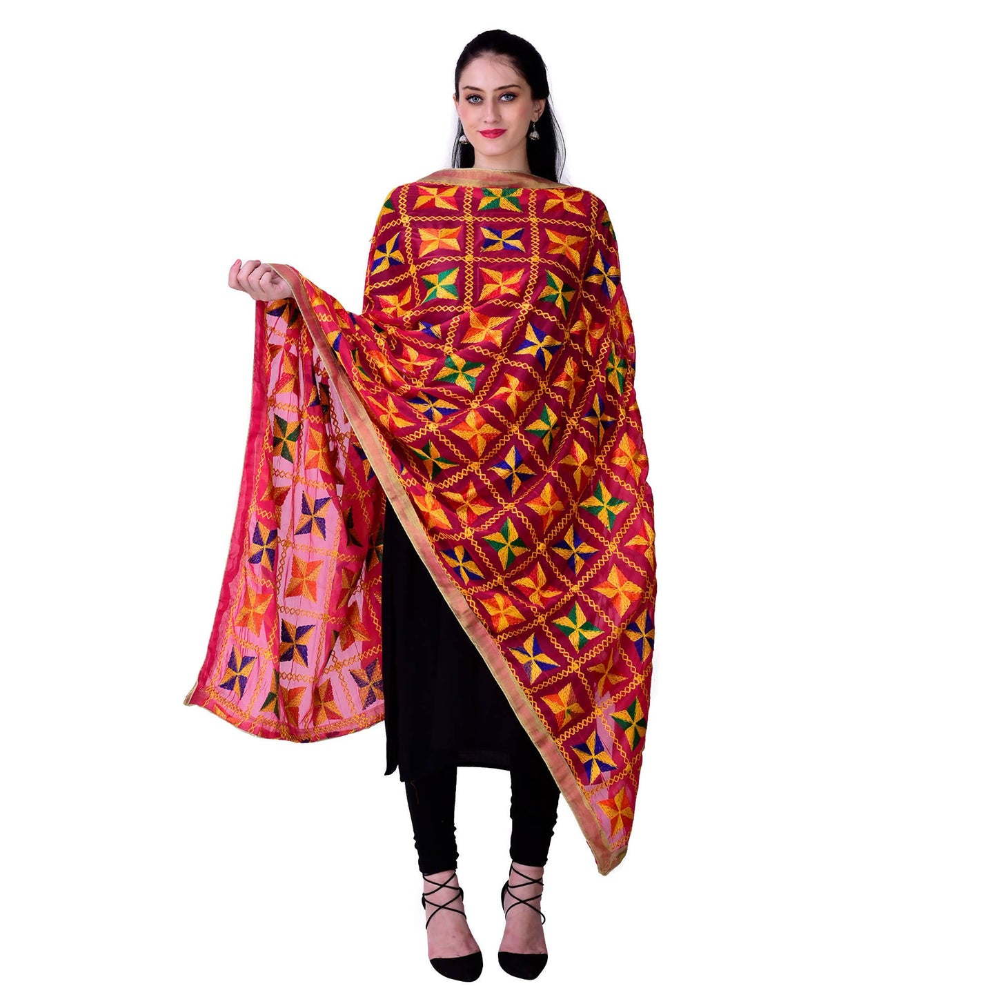 SWI Stylish Women's Embroidered Phulkari Chiffon Magenta Dupatta