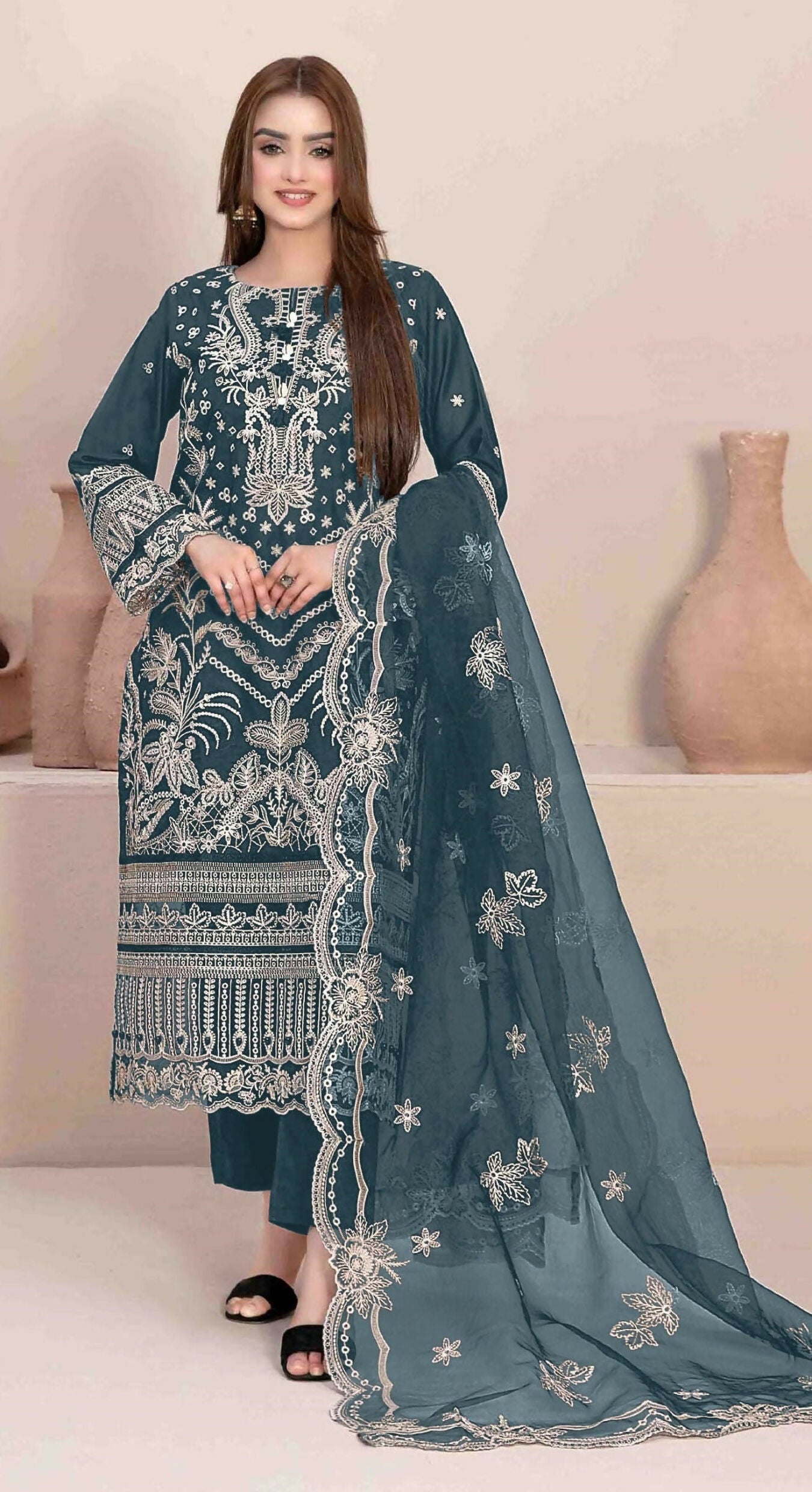 Anaita Teal Faux Georgette Stitched Suit with Embroidery Work