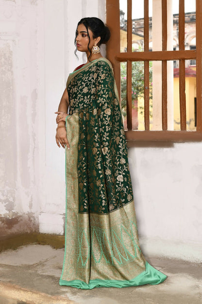 Joban Fashion Emerald Green Crepe Chiffon Pure Handloom Banarasi Silk Saree