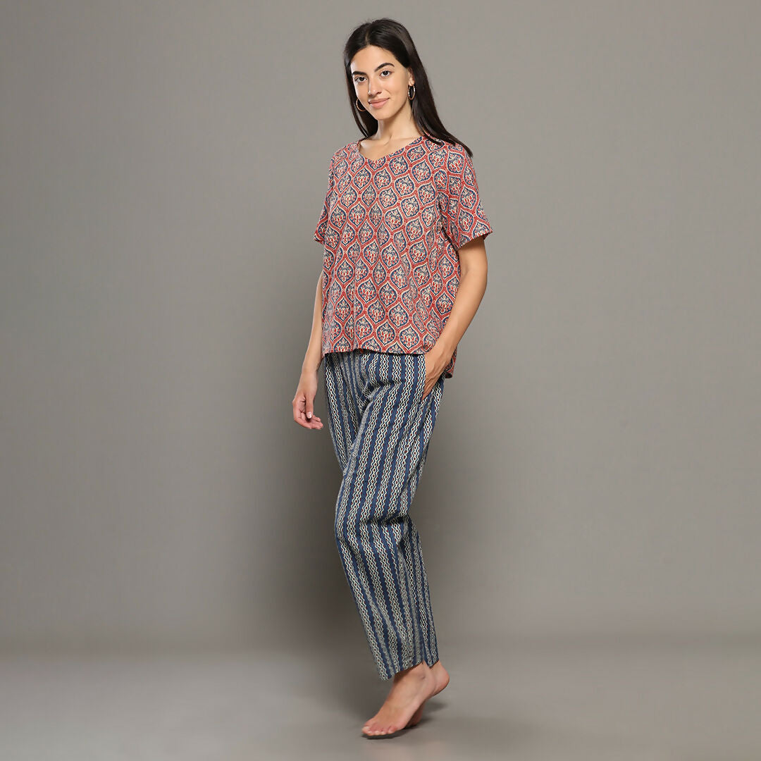 Breathables Women Cotton Printed Loungewear Kurta And Pants Co-Ord Set Pink & Navy I Nightwear