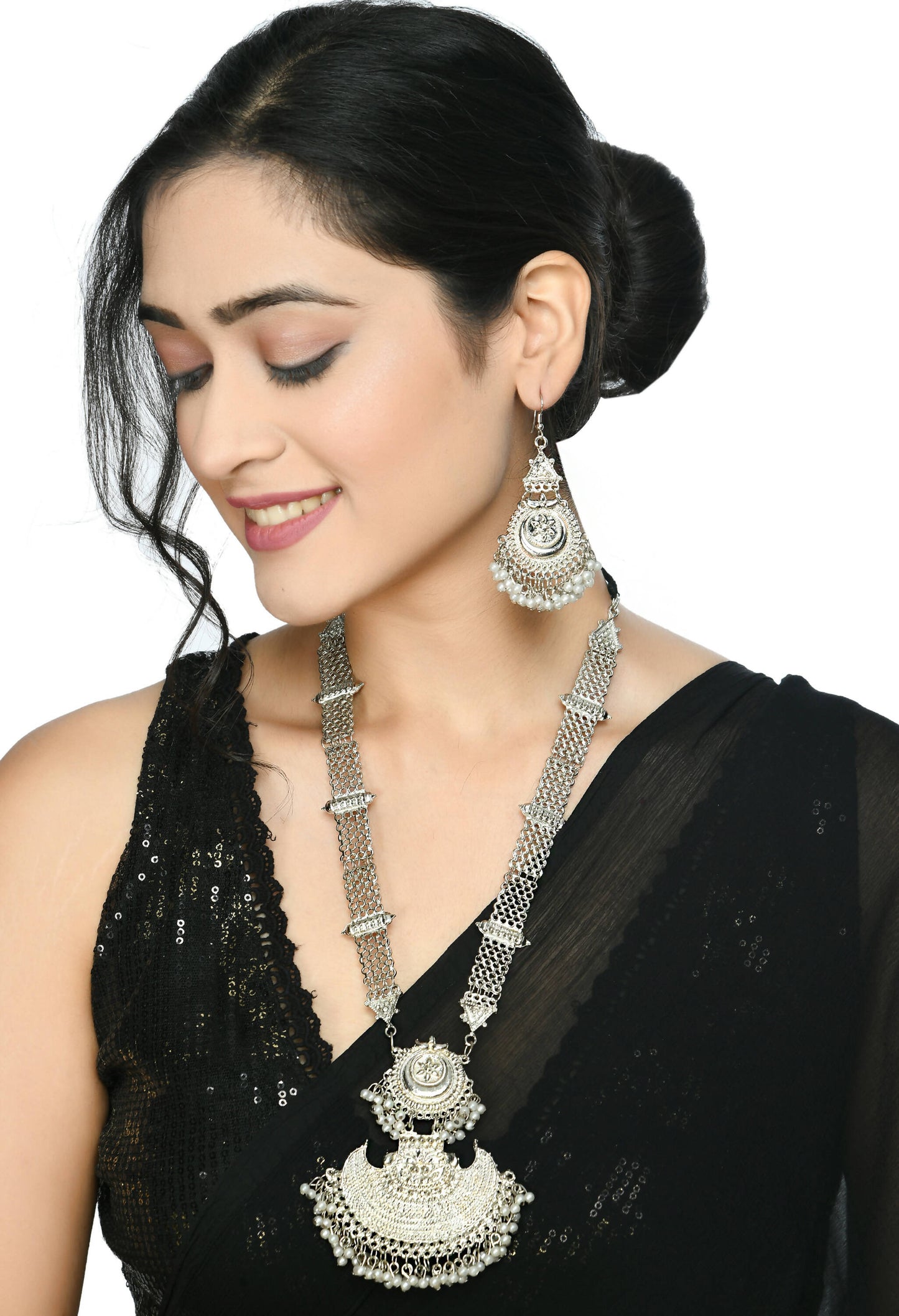 Mominos Fashion Johar Kamal Silver-Plated Brass Finish Rani Haar Statement Necklace For Women