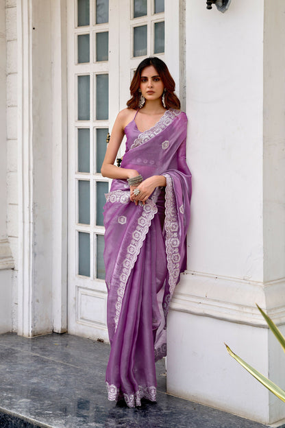 Vastranavya Lavender Embroidery Work Shimmer Chiffon Saree with Unstitched Blouse