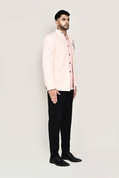 Joban Fashion Peach Colored Imported Polyester Fabric Open Prince Coat, Jacket With Pant