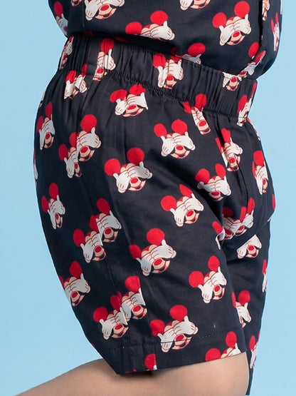 Breathables Woven Cotton Half Sleeves Mickey Mouse Shirt & Shorts Black