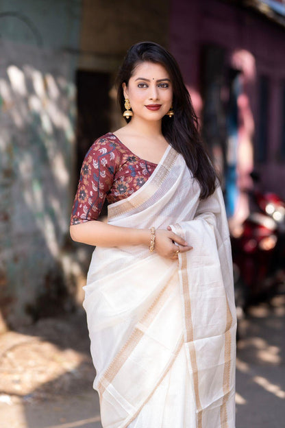 White Silk Blend Kalamkari Saree with Unstitched Blouse - A2M