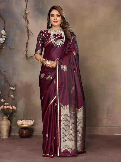Joban Fashion Maroon Floral Motifs Banarasi Silk Sarees