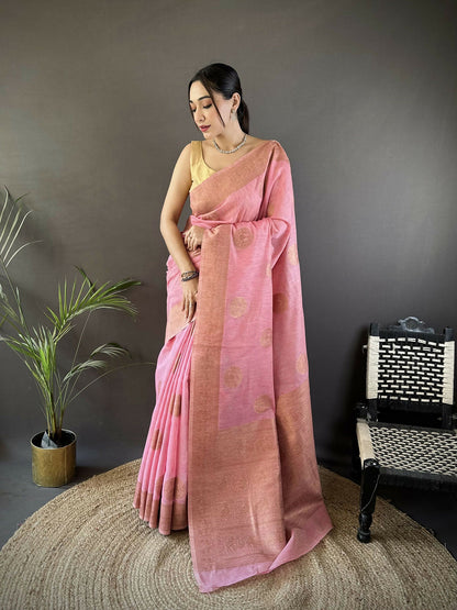 Joban Fashion Pastel Pink Floral & Paisley  Linen Silk Banarasi Saree