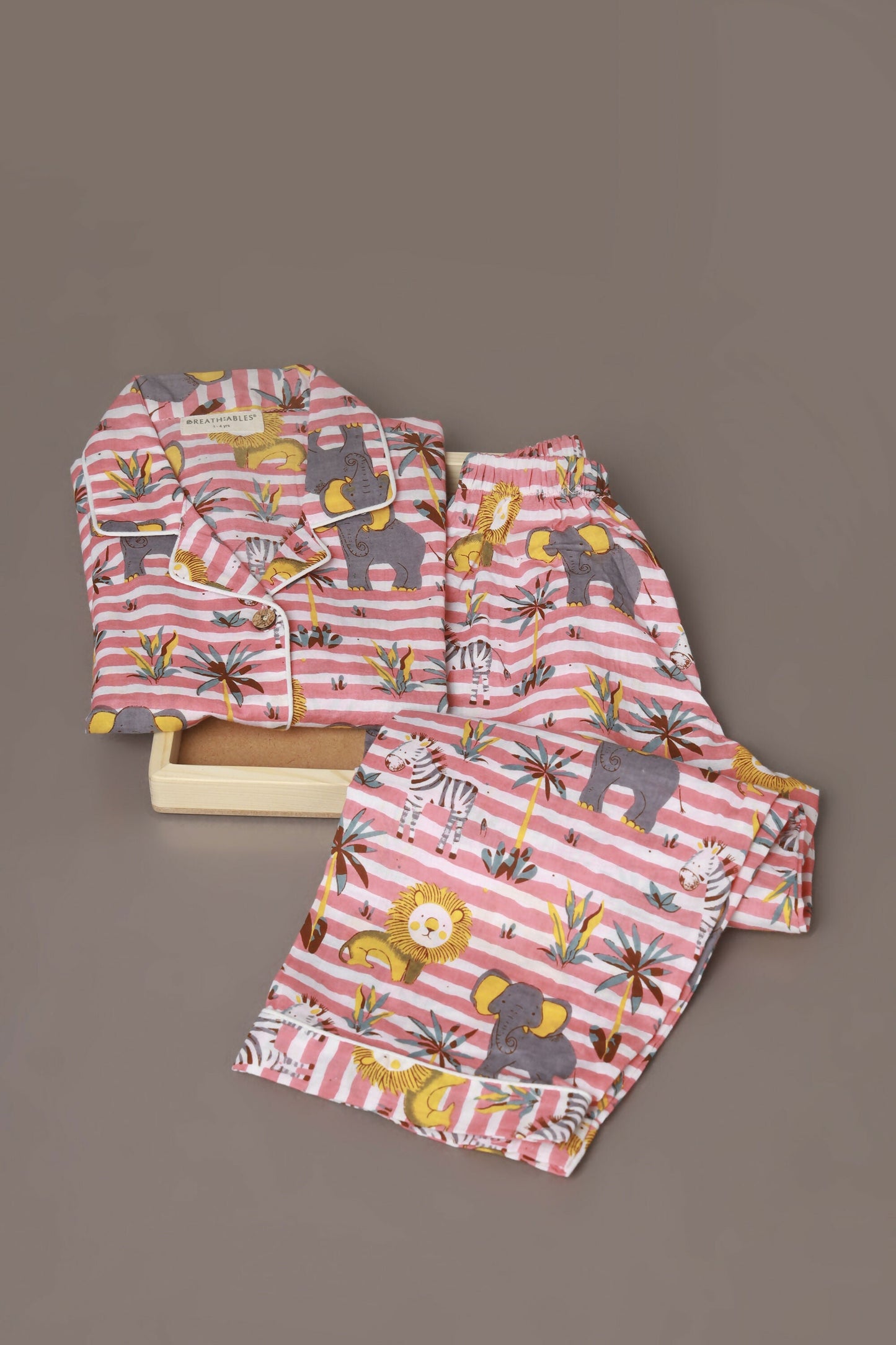Breathables Kids Cotton Night Suit – Red & White Jungle Stripe Shirt & Pyjama Co-Ord Set For Boys & Girls