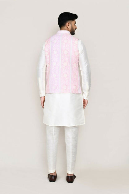 Joban Fashion White Colored Art Silk Fabric Kurta, Jacket With Straight Fit Pant