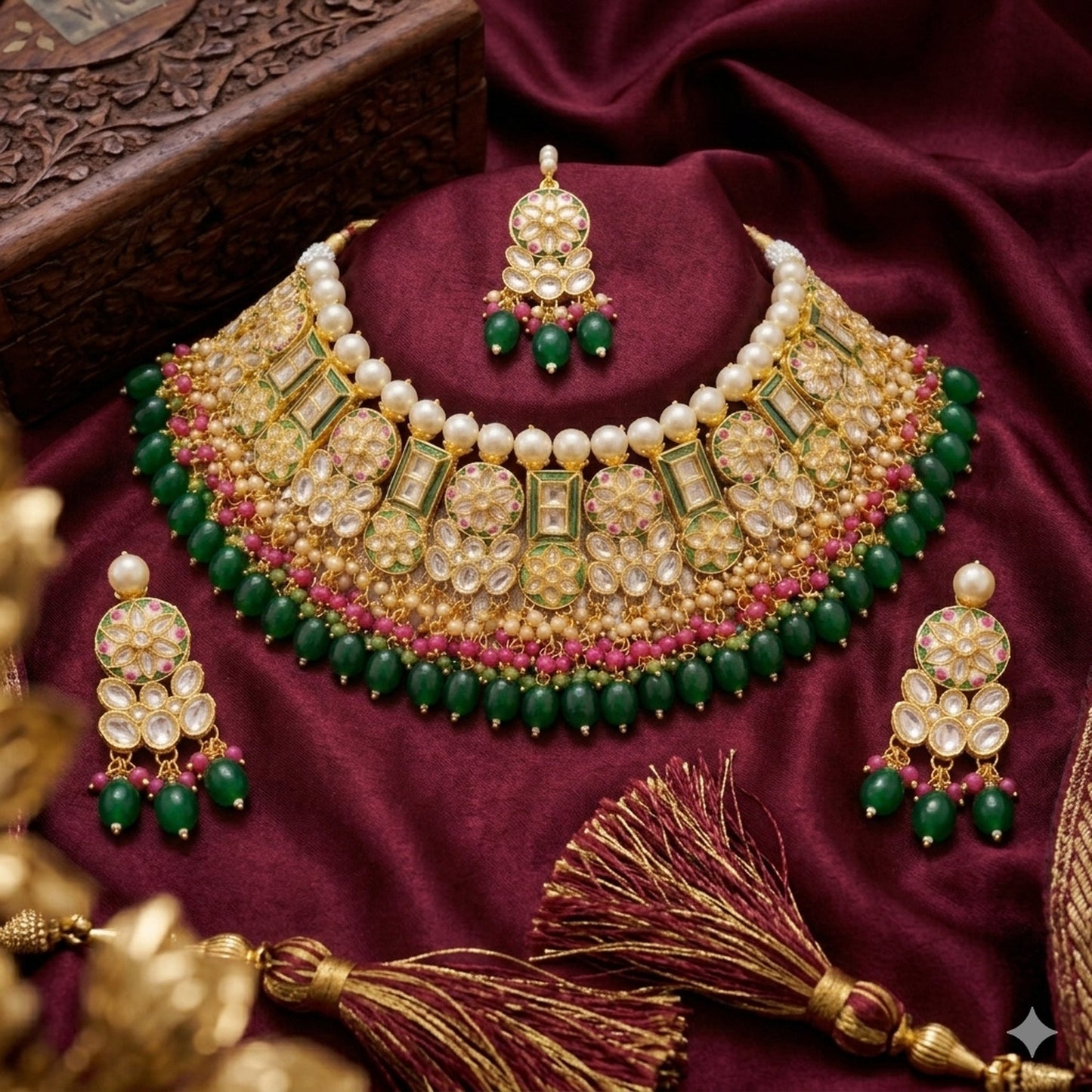 Jewel City Exquisite Gold-Plated Kundan Bridal Choker Set with Emerald Green Beads - Traditional Ethnic Indian Jewelry